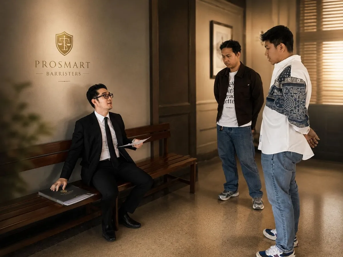 PROSMART lawyer discussing case documents with clients in a consultation setting